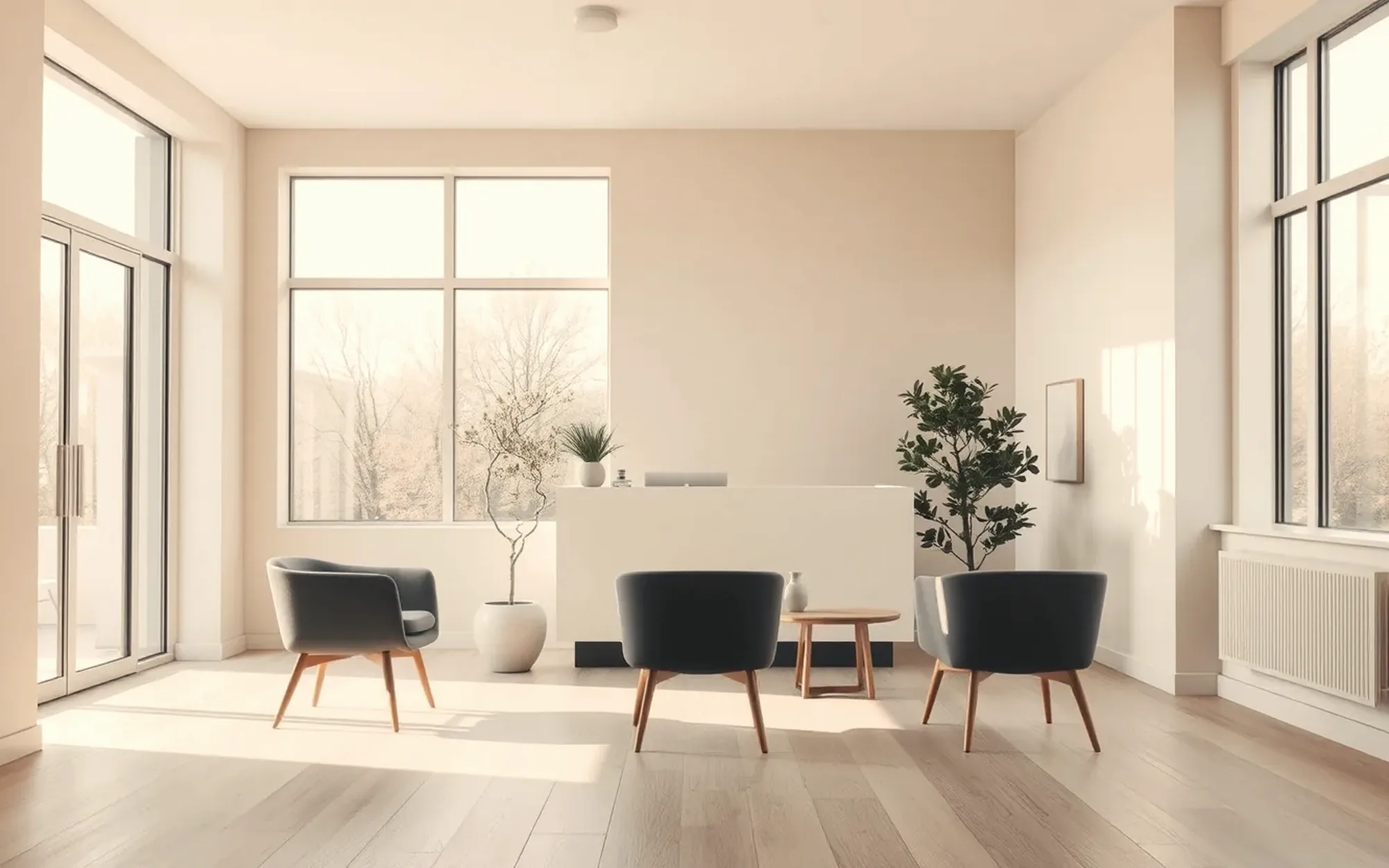 Interior de la clínica con luz natural y materiales cálidos