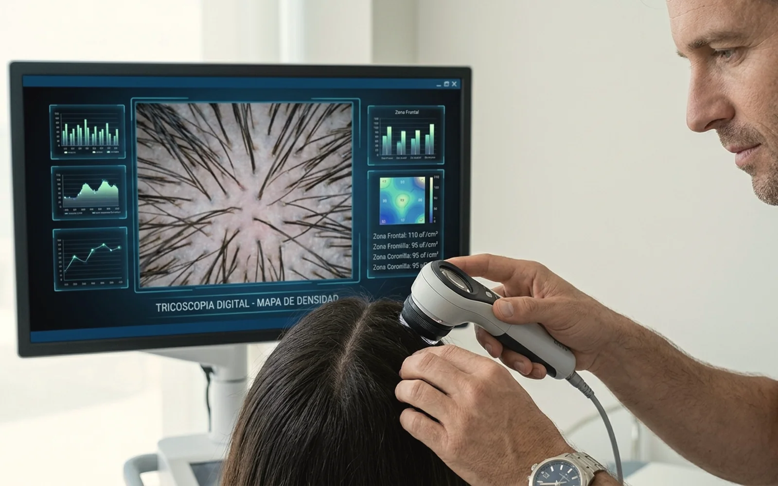 Tricoscopia digital: mapa de densidad del cuero cabelludo por zonas en pantalla