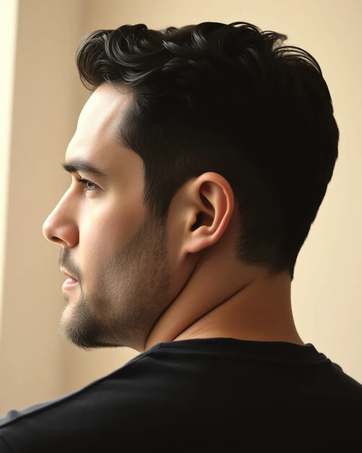 Hombre de perfil con el pelo denso, retrato editorial